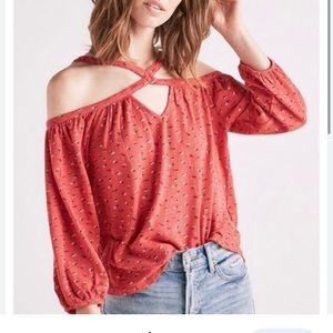 Lucky Brand 100% cotton terracotta ditsy off shoulder long sleeve top NWT